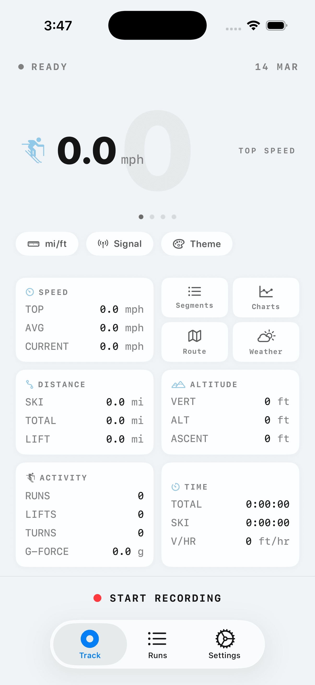 Ski Logger app track view ready to record